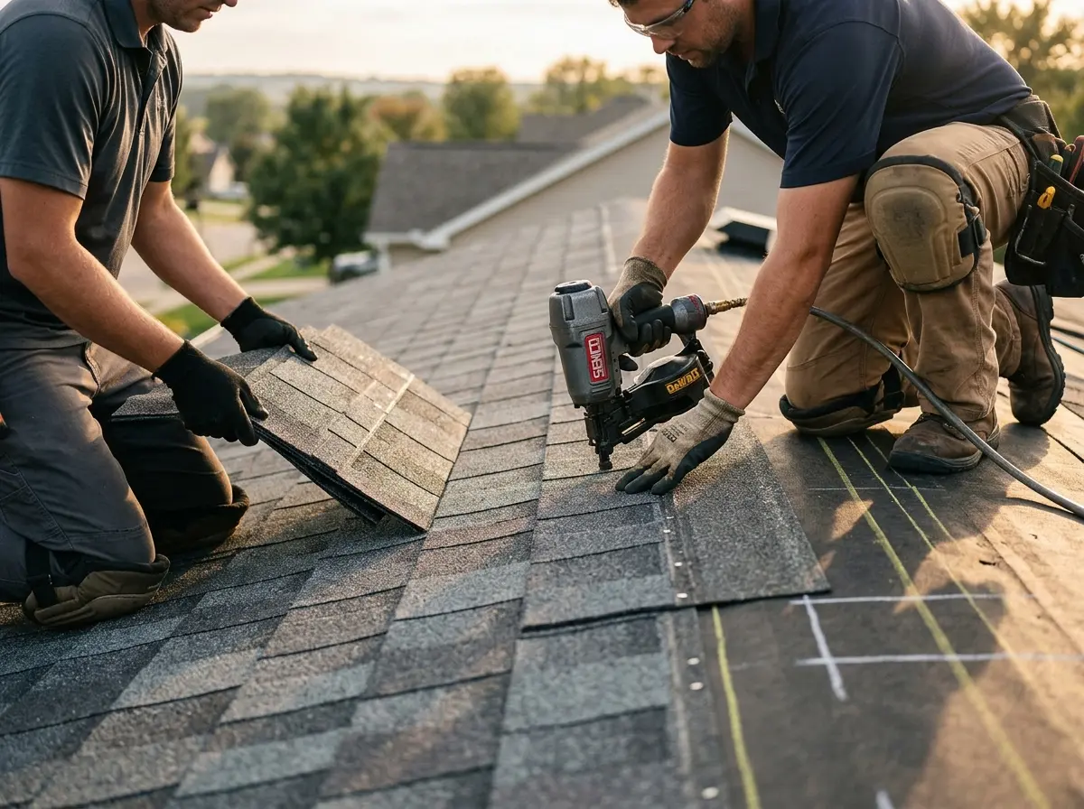 Professional roofer working on a residential roof in Cherry Creek